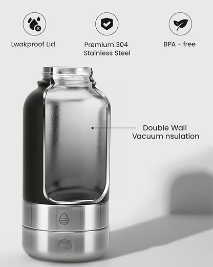 34oz Dog Water Bottle, Stainless Steel Dog Water Bottle Dispenser with Detachable Food & Water Bowls, Keeps Water Hot/Cold, for Walking, Hiking, Camping(Black)