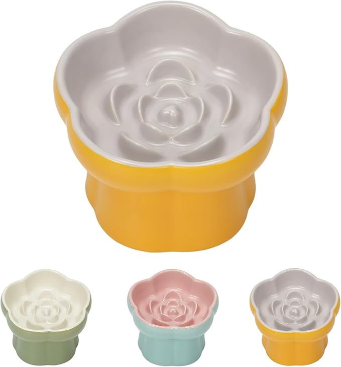 Cat Slow Feeder Flower-Shaped Ceramic Slow Feeder Cat Bowl, Tilted Raised Cat Slow Feeder Bowl for Whisker Relief, Prevents Vomiting & Bloating, Non-Slip Base