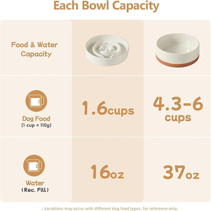 Ceramic 1.6 Cup Raised Slow Feeder Dog Bowl Set, Elevated 7.3inch Bowl and 8.2inch Dish with Acacia Wood Stand for Medium and Large Dogs(2 x Vanilla White+ Stand)