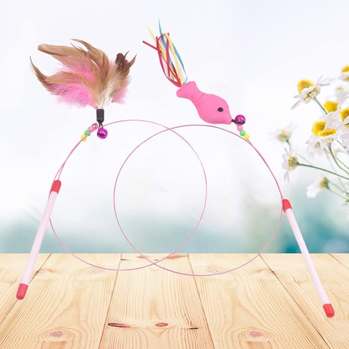 TEHAUX Cat Teaser Wand 27.55 Inch Interactive Fishing Pole with Feather Fish Design and Bells for Kitten Exercise and Play