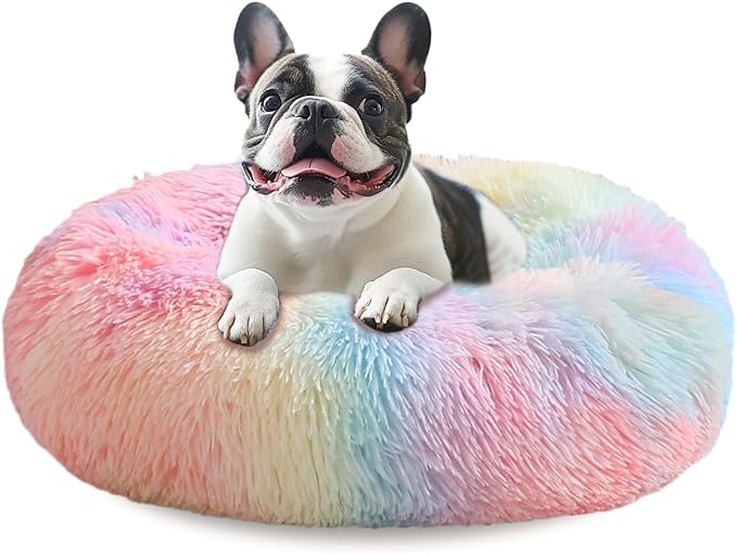 JOLLYVOGUE Calming Dog Bed Medium Size Dog, 31in Donut Washable Medium Pet Bed, Anti-Slip & Anti-Anxiety Fluffy Faux Fur Round Dogs Bed, Fits up to 45 lbs Pets (Rainbow)