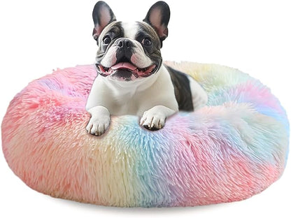 JOLLYVOGUE Calming Dog Bed Medium Size Dog, 31in Donut Washable Medium Pet Bed, Anti-Slip & Anti-Anxiety Fluffy Faux Fur Round Dogs Bed, Fits up to 45 lbs Pets (Rainbow)