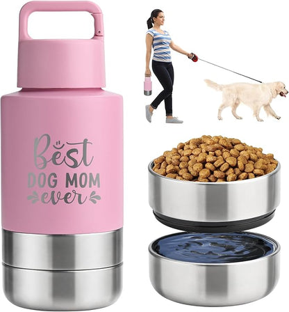 KEWIXY Insulated Dog Travel Water Bottle With Detachable Bowls, Ideal Dog Mom Gifts for Women, Portable Water Bottle Dispenser, For Walking, Hiking, Camping, Outdoor (Pink:Best Dog Mom, 32 Oz)