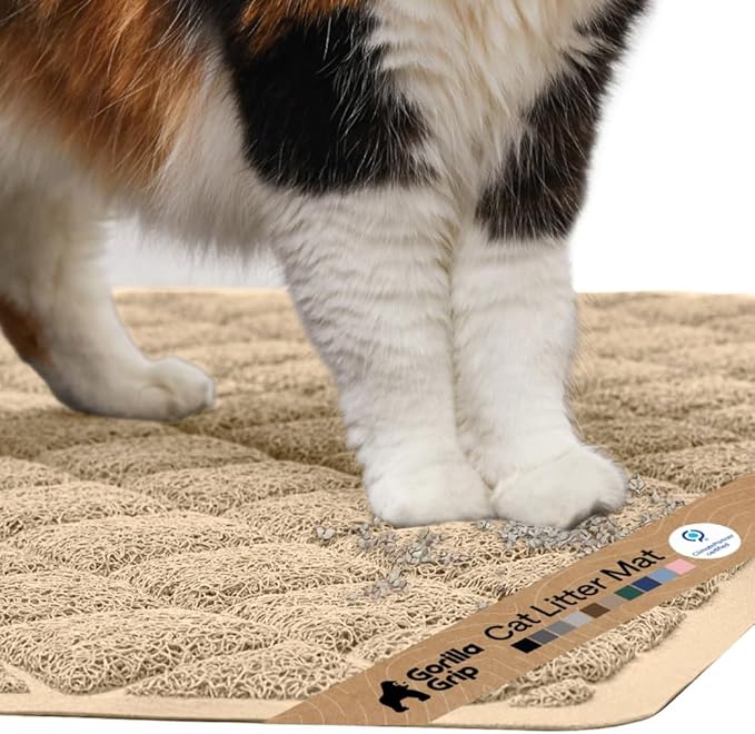 GORILLA GRIP Cat Litter Box Mat, Cushioned Coil Mesh Litter Trapping Mats, Scatter Control Supplies for Less Mess, Phthalate Free, Ultra Deep Catch Grooves, Rinse or Vacuum to Clean, 17x11 Beige