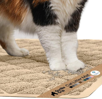 GORILLA GRIP Cat Litter Box Mat, Cushioned Coil Mesh Litter Trapping Mats, Scatter Control Supplies for Less Mess, Phthalate Free, Ultra Deep Catch Grooves, Rinse or Vacuum to Clean, 17x11 Beige