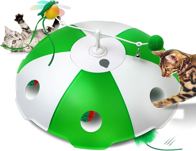 Cat Toys Rechargeable, Interactive Cat Toys for Indoor Cats, Touch Activated, Moving Feather, Bird Chirping, 6 Holes Maze Mouse Catching Game