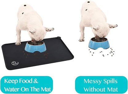 Silicone Waterproof Dog Cat Pet Feeding Mats, Non Slip, Easy Clean Pet Dog Cat Bowl Mats Placemat (18.5" x 11.5") Black