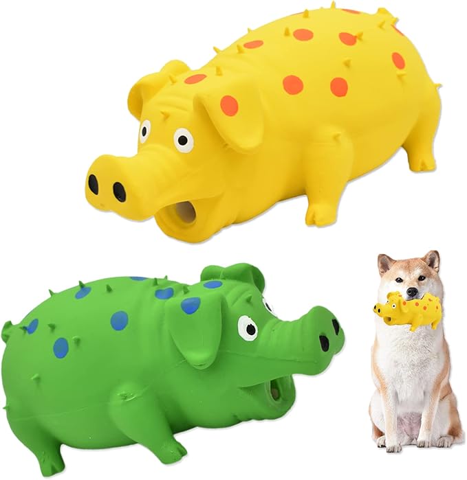 Pig Squeaky Dog Toy, 2 PCS Interactive Rubber Dog Chew Toy - Durable Latex Spot Grunting Pig Toys that Oink for Small Medium Large Dogs (Yellow, Green)