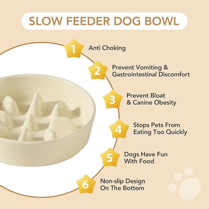 Ceramic 1.2 Cup Raised Slow Feeder Dog Bowl Set, Elevated 6.1inch Bowl and 7.3inch Slow Pet Food Dish with Wooden Stand for Small and Medium Dog (2 xLight Yellow+ Stand)