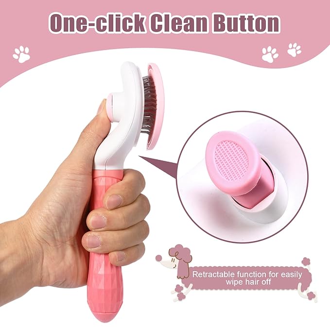 Self Cleaning Slicker Brush, Dog Cat Bunny Pet Grooming Shedding Brush - Easy to Remove Loose Undercoat, Pet Massaging Tool Suitable for Pets with Long or Short Hair (Pink)