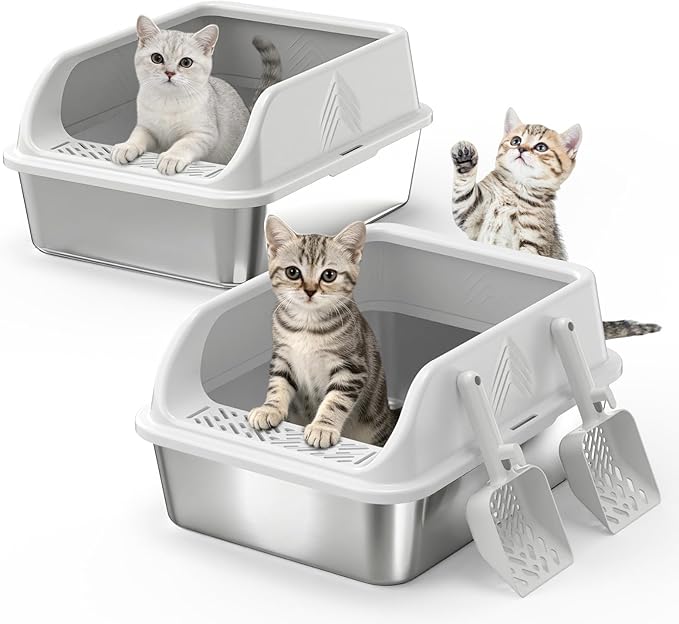 2 Pack Stainless Steel Litter Box with Lid, Kitten Metal Cat Litter Boxes High Sided Enclosed for Small Cat and Injured Cats Rabbit, Anti-Urine Leakage | Non-Stick Bottom & Includes Scoop