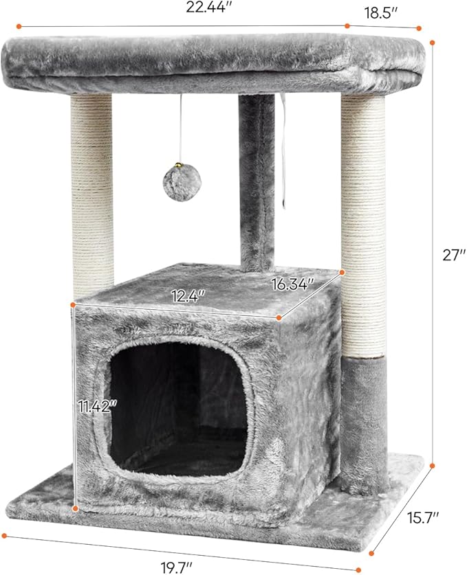 SYANDLVY 27IN Cat Tree for Indoor Cats Large Adult, Modern Activity Tower with Scratching Posts, Condo with Plush Perch, Climbing Stand with Spring Ball for Play, Grey