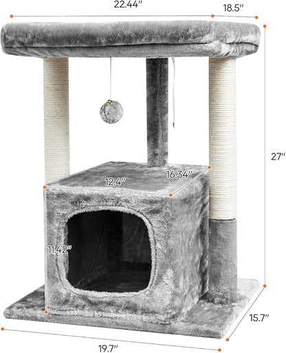 SYANDLVY 27IN Cat Tree for Indoor Cats Large Adult, Modern Activity Tower with Scratching Posts, Condo with Plush Perch, Climbing Stand with Spring Ball for Play, Grey