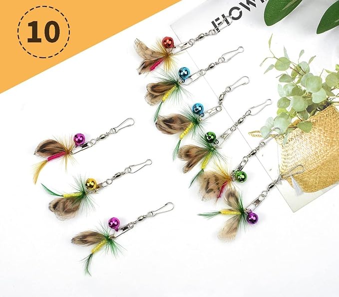 Cat Insect Feather Toys Replacement Cat Toy Wand Refills, 10 Pieces Mini Insect Cats Toy Feathers Refill, Interactive Cats Teaser Wand Attachments, with Bell