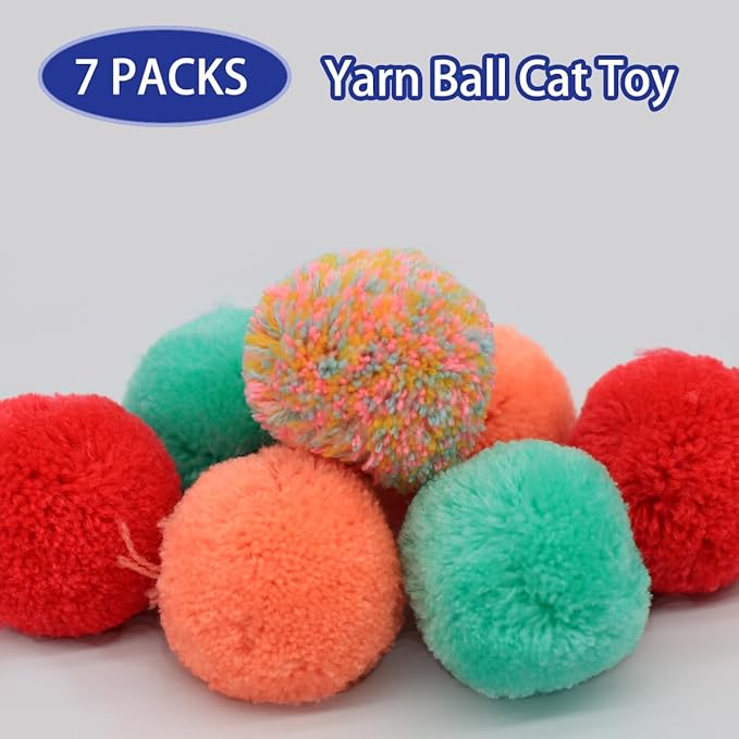 14-Pack Cat Toys Balls - No Bells Quiet Interactive Toys, Soft Pom Poms & Sparkle Balls for Kittens & Adult Cats, Safe for Batting Chasing (7 Sparkle Fuzzy Balls+ 7 Yarn Balls)