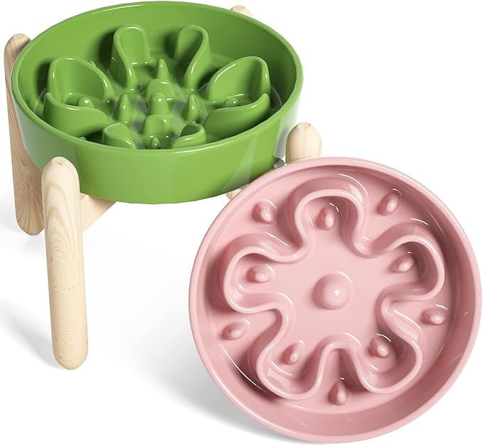 LE TAUCI Ceramic Slow Feeding Dog Bowls with Wooden Stand, Anti-Gulping, Non-Slip, Easy to Clean, Dishwasher Safe, 8 Inch, for Medium Dogs