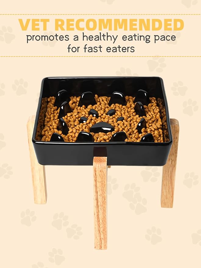 GDCZ Dog Slow Feeder Bowls, Square Ceramic Pet Food Bowl for Medium Breed, Fun Dog Bowls to Slow Down Eating (Black, M-1.8 Cups+Stand)