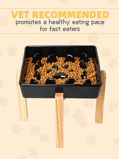 GDCZ Dog Slow Feeder Bowls, Square Ceramic Pet Food Bowl for Medium Breed, Fun Dog Bowls to Slow Down Eating (Black, M-1.8 Cups+Stand)