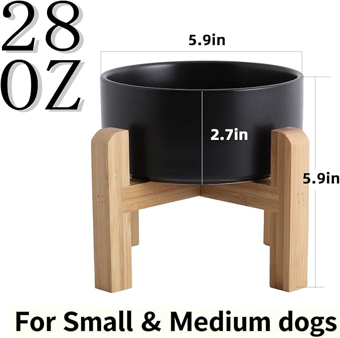 Elevated/Raised Ceramic Dog Bowl with Bamboo Stand，6 Inch 3.6 Cups Non Slip Heavy Weighted Single Pet Dish, for Small Medium Breed & Cats,Reduces Neck Strain Black