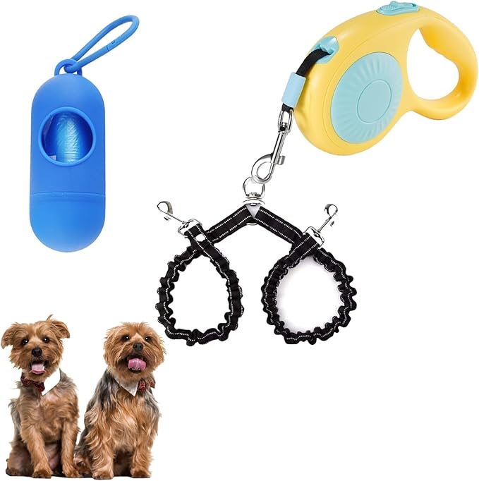 Double Dog Leash for Walking 2 Small Dogs (Up to 33 Lbs Each), Dual Retractable 9.8ft Extendable Strong Nylon Tape Pet Leash with Poop Bags, One-Handed Brake, Pause, Lock (Blue)