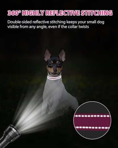 Joytale Puppy Collar, Feather-Light Double-Sided Reflective Nylon Collar for Night Safety, Adjustable Quick-Release for Extra Small Dogs, Hotpink, XS (3/8" Width)