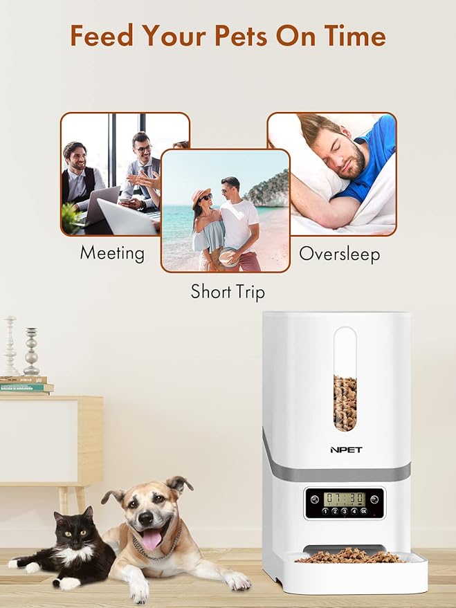 NPET Automatic Cat Feeder, 6L Dog Food Dispenser with Desiccant Bag for Pet Dry Food, 1-4 Meal Per Day Automatic Dog Feeder for Cats & Dogs (White)