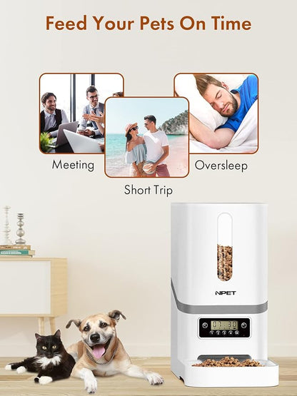 NPET Automatic Cat Feeder, 6L Dog Food Dispenser with Desiccant Bag for Pet Dry Food, 1-4 Meal Per Day Automatic Dog Feeder for Cats & Dogs (White)