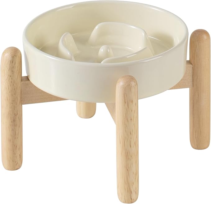 Ceramic 0.9 Cup Raised Dog Slow Feeder Set, Elevated Bowl with Wooden Stand for Small Dog and Cat, 6.1inch Puzzle Slow Dog Food Dish, Anti-Gulping(Light Yellow, Single Bowl+ Stand)
