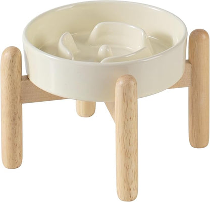 Ceramic 0.9 Cup Raised Dog Slow Feeder Set, Elevated Bowl with Wooden Stand for Small Dog and Cat, 6.1inch Puzzle Slow Dog Food Dish, Anti-Gulping(Light Yellow, Single Bowl+ Stand)