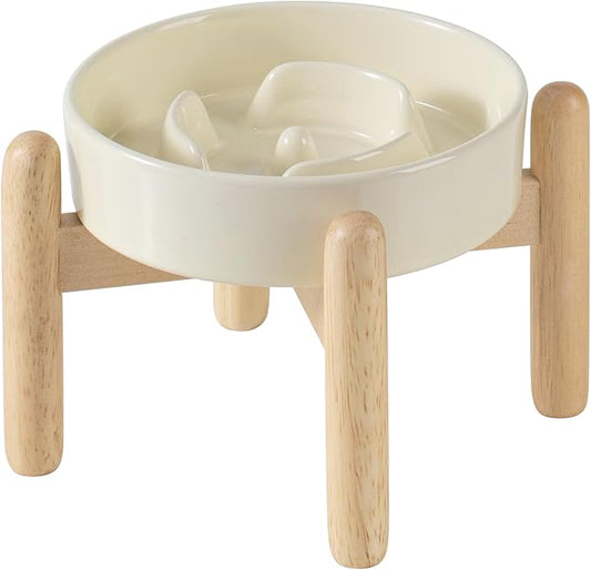 Ceramic 0.9 Cup Raised Dog Slow Feeder Set, Elevated Bowl with Wooden Stand for Small Dog and Cat, 6.1inch Puzzle Slow Dog Food Dish, Anti-Gulping(Light Yellow, Single Bowl+ Stand)