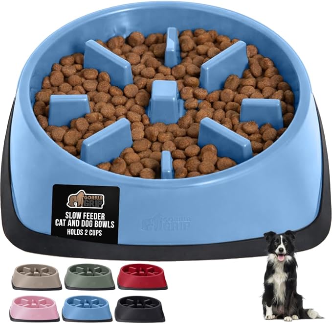 GORILLA GRIP Patented BPA Free Slow Feeder Dog Bowls, Interactive Puzzle Toy for Dogs and Cats Food Training Enrichment, Keeps Pets Busy and Prevents Puppy Overeating, All Breeds, 2 Cup, Light Blue