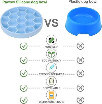 Pawow Slow Feeder Dog Bowls, Silicone Dog Bowl with Suction Cups, Non-Slip Pet Slow Feeder for Small Medium Large Breed, Anti Gulping&Dishwasher Safe, Reduces Boredom Pet Feeding Bowl(Blue)