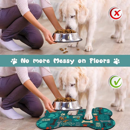 Dog Food Mats for Floors Waterproof, Pet Feeding Absorbent Water Bowl Mat Cat Placemats Green Bone Shape 23.6 * 15.7 inch