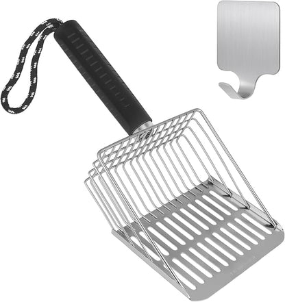Cat Litter Scoop,Solid and Durable Kitty Metal Scooper,Stainless Steel Sifter,Heavy Duty,for Litter Box,Black Rubber Handle,Included Stainless Steel Hook