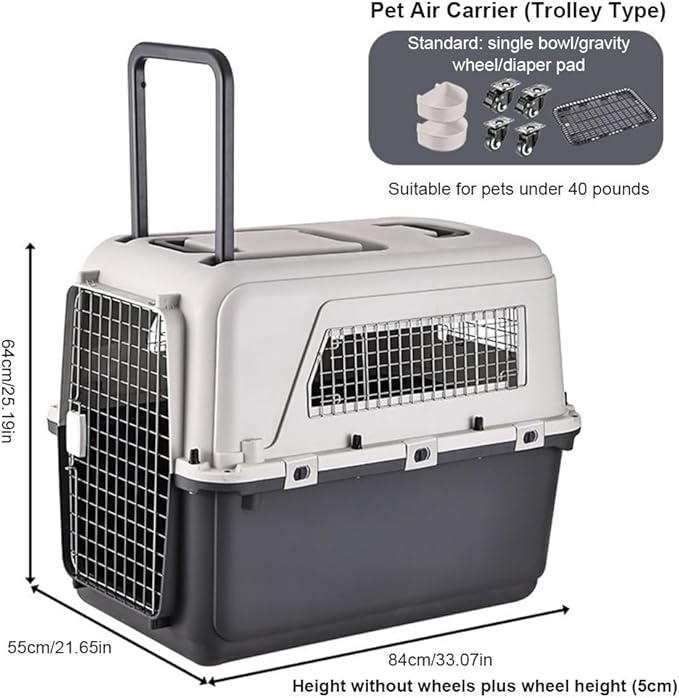 33 Inch Airline Approved Large Travel Dog Crate, Hard-Sided Pet Travel Kennel with Four Removable Wheels, Handles, Food and Water Bowls, for Car SUV Truck (33.1" L x 21.6" W x 25.2" H)