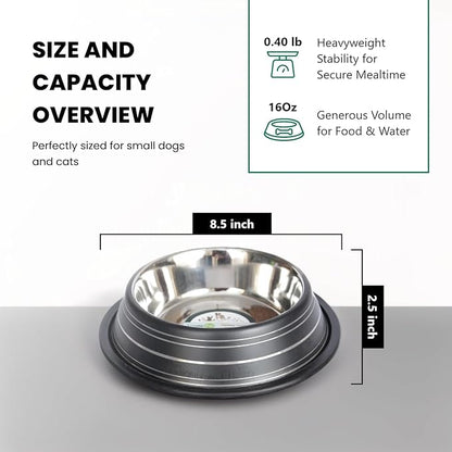 Iconic Pet 2 Cup/16 Oz Elegant Stainless Steel Color Splash Food/Water Bowl with Non Skid, Noise Free, Removable Rubber Ring - Dog/ Cat Feeding Bowl In color shade, Dishwasher Safe - Black, 2 Bowls