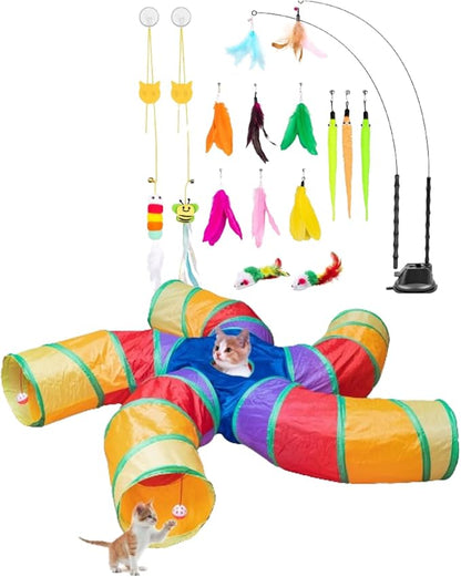 Depets Cat Tunnel and Toy Set, 5-Way Tube with Play Ball and 15 Pcs Interactive Feather Toys for Cats & Kittens