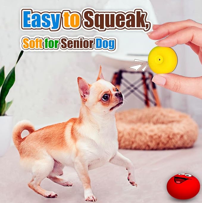 Squeaky Dog Toys for Small and Mini Dogs, Latex Soft Flat Puppy Teething Balls, Colorful Smile Face Interactive Chew Toys
