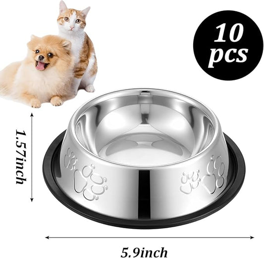 10 Pcs Stainless Steel Dog Bowls, Silver Non-Slip Pet Feeding Bowls with Rubber Base, 7 oz Capacity for Small Medium Dogs, Cats, Kittens, Rabbits