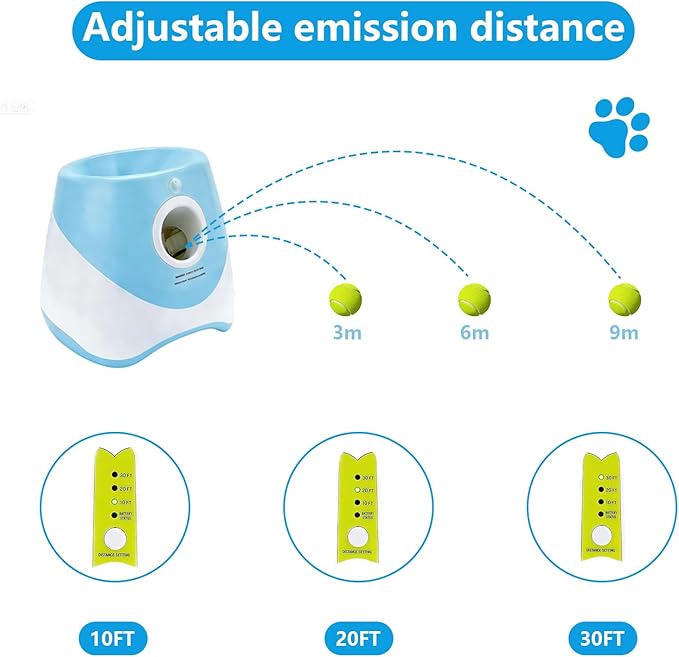 Automatic Dog Ball Launcher for Small to Medium Dogs - Hands-Free Interactive Fetch Toy, 3 Adjustable 10-30Ft Distance, 9 Pcs 2 Inch Eco-Friendly Dog-Safe Mini Tennis Balls. (Blue)