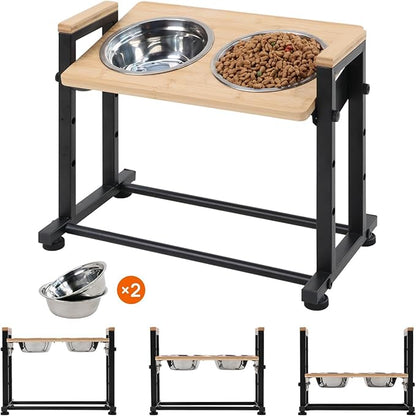 Adjustable Height Pet Feeder Stand with 2 Dishwasher-Safe Stainless Steel Bowls – Natural Wood Top & Black Metal Frame Elevated Food/Water Station for Dogs/Cats Under 66LBS