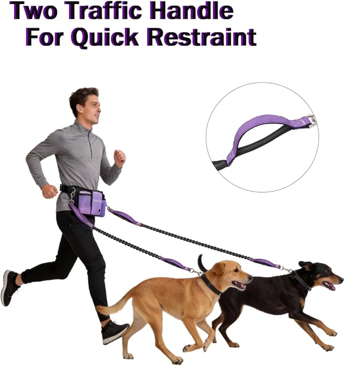 Hands Free Dog Leash for 2 Dogs, Adjustable Waist Belt, Reflective Stitching Leash with Double Padded Handles for Running, Hiking