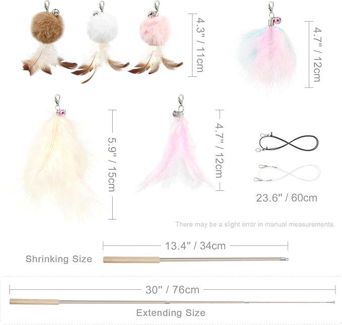 SONGWAY Interactive Cat Feather Toys - 7 PCS Cat Toys Set for Indoor Cats, Retractable Wand with Feather Tail Toy Refills, Kitten Toys Gift, Pink