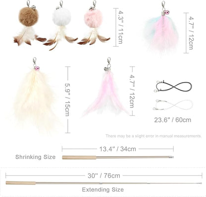 SONGWAY Interactive Cat Feather Toys - 7 PCS Cat Toys Set for Indoor Cats, Retractable Wand with Feather Tail Toy Refills, Kitten Toys Gift, Pink