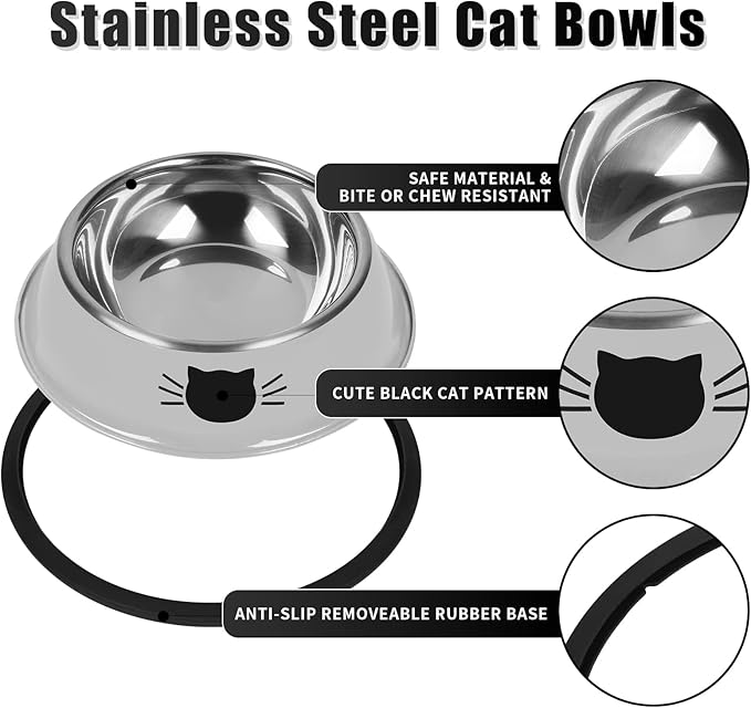 Serentive 2Pcs Cat Bowls Non-Slip Stainless Steel Small Cat Food Bowl Unbreakable Thick Rubber Base Easily Clean Lovely Color
