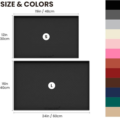 VIVAGLORY Dog Bowl Mat Grippymat Pet Food Mat, Waterproof Washable Nonslip Silicone for Pet & Cat, Food and Water Placemat with Lip & Raised Edges for Indoor Floor, L, Black