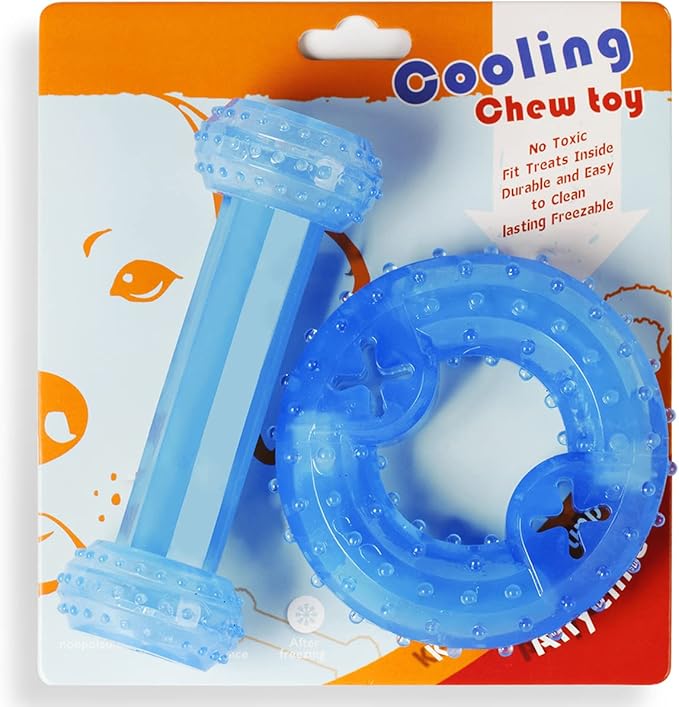 Freezable Puppy Teething Toy, 1 Teething Ring +1 Teething Bone Freezable Dog Chew Toys Set (Blue)