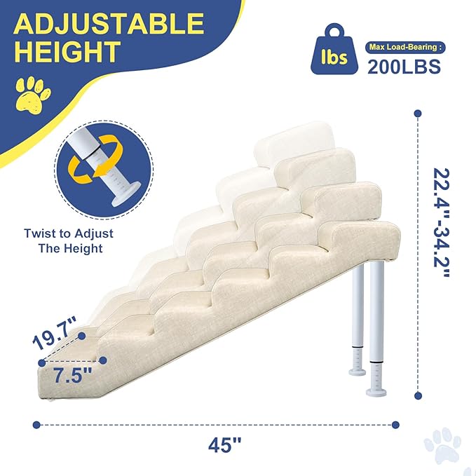 DoCred Adjustable Pet Stairs for Beds & Sofas - 6 Step 21.2"-24.4" H Non-Slip Dog Stairs for Small to Medium Dogs & Cats, Supports up to 150 lbs - Linen Faux Leather Dog Steps