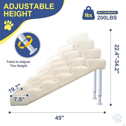 DoCred Adjustable Pet Stairs for Beds & Sofas - 6 Step 21.2"-24.4" H Non-Slip Dog Stairs for Small to Medium Dogs & Cats, Supports up to 150 lbs - Linen Faux Leather Dog Steps