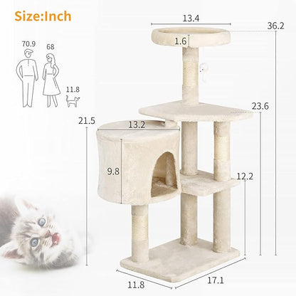 BestPet | 36" Cat Tree Tower | Beige | Sturdy Multi-Level Cat Tree with Plush Condo, Cozy Perch, Sisal Scratching Posts, Hanging Toy and Stable Frame | Easy Assembly | for Kittens & Adult Cats